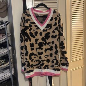 Leopard Print V-Neck Sweater with Pink Trim